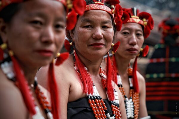 Hornbill Festival Naga women in traditional tribal dress at a cultural celebration in Nagaland