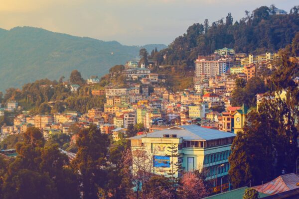 Aerial view of Gangtok at sunset, home to much of Sikkim famous food
